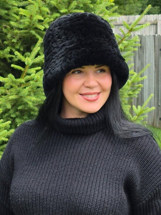 Black Soft Rex Rabbit Fur Panama Hat, Cream Elegant Women\'s Winter Headwear main image 6